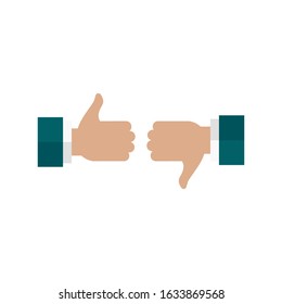 Hand with thumb up and down on blue background. yeas and no, pros and cons, like and dislike, negative and positive symbol. Vector illustration. mark, vote, grade,  compare. Versus concept