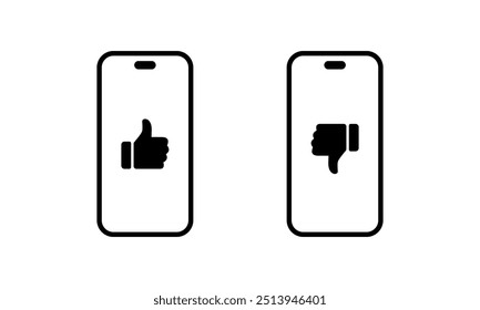 Hand thumb up and down on smartphone screen icon. Like and dislike gesture on phone display concept