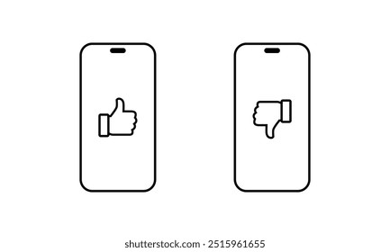 Hand Daumen nach oben und unten auf Smartphone-Bildschirm-Symbol im Linienstil. Gefällt mir und Abneigung auf dem Telefonbildschirm