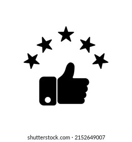 Hand thumb up gesture with 5 stars line icon. Testimonials, like and customer relationship management concept. Simple outline style. Isolated badge.. For: dev, web, design, app, ui, ux. Vector EPS 10.