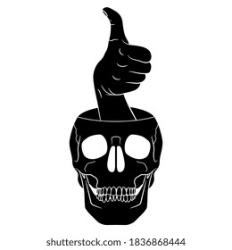Hand in thumb up gesture emerging from human skull. Creative funny concept. Ultimate optimist. Black and white silhouette.