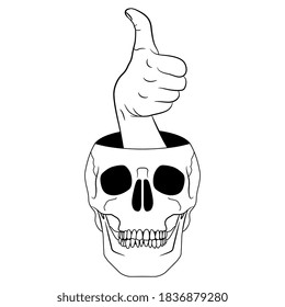 Hand in thumb up gesture emerging from human skull. Creative funny concept. Ultimate optimist. Black and white linear silhouette.