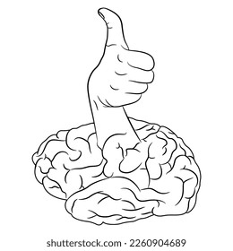 Hand in thumb up gesture emerging from human brain. Creative concept. Positive thinking. Black and white linear silhouette.