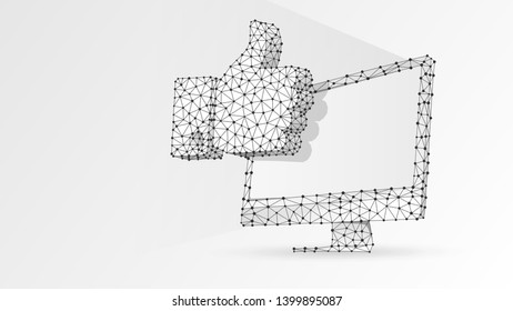 Hand Thumb Up gesture on computer monitor. Business communication, approving, agreement concept. Abstract, digital, wireframe, low poly mesh vector white origami 3d illustration. Triangle, line, dot