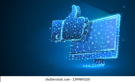 Hand Thumb Up gesture on computer monitor. Business communication, approving, agreement concept. Abstract, digital, wireframe, low poly mesh vector blue neon 3d illustration. Triangle, line, dot