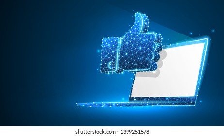 Hand Thumb Up gesture on white laptop screen. Business communication, approving, agreement concept. Abstract, digital, wireframe, low poly mesh, vector blue neon 3d illustration. Triangle, line, dot
