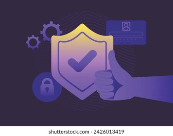 Hand thumb up gesture with secure shield illustration vector design on navy blue background. safety and security concept.