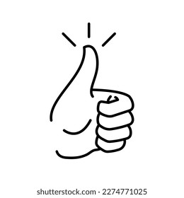 Hand thumb up gesture with shine line icon. Testimonials, like and customer relationship management concept. Realistic outline style. Isolated badge. For: dev, web, design, app, ui, ux. Vector EPS 10