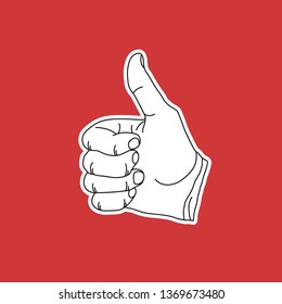Hand thumb gesture, Vector illustration on red background, line drawing