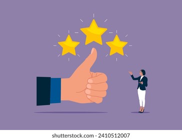 Hand thumb up for good feedback. Customer review rating and client feedback. Flat vector illustration