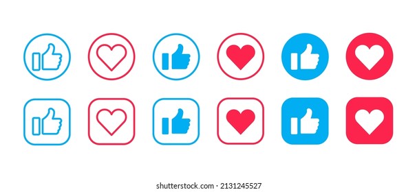 Hand Thumb up and heart, vector icons set. Ok, like, social media concept. Thumbs up gesture in сircle