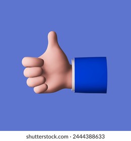 Hand thumb up icon 3d. Positive feedback. Like sign, approval emoji for social media message, love button for website and mobile app