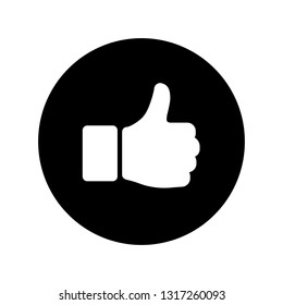 Hand thumb up icon in circle in flat style. Yes symbol Isolated on white background. Abstract success icon in white on black circle. Vector illustration for graphic design, logo, Web, UI, mobile upp