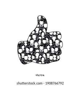 Hand Thumb Up icon flat. Black Illustration isolated on white background. Big crowd people. Vector illustration. 