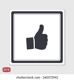 Hand with thumb up icon. Flat design style. Made vector illustration. Emblem or label with shadow.