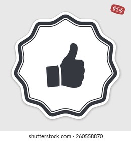 Hand with thumb up icon. Flat design style. Made vector illustration. Emblem or label with shadow.
