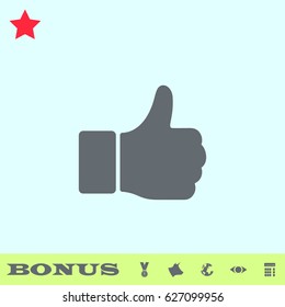 Hand Thumb Up icon flat. Grey pictogram on blue background. Vector illustration symbol and bonus buttons medal, cow, earth, eye, calculator