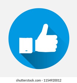 Hand Thumb Up icon flat. Illustration isolated on blue background. Flat image thumbs with long shadow.Layers grouped for easy editing illustration. For your design.