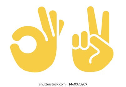 Hand Thumb Up icon flat. Vector yellow sign symbol. and Sign of victory. The gesture of the hand. Two fingers raised up. Illustration isolated on white background. 