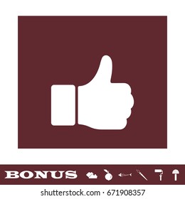 Hand Thumb Up icon flat. White pictogram on brown background. Vector illustration symbol and bonus icons