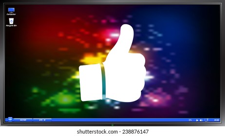Hand with thumb up icon on the screen monitor. Made vector illustration