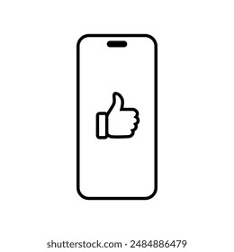 Hand thumb up icon on smartphone screen. Like finger on phone display