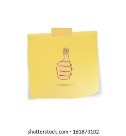 hand thumb up icon on yellow sticky note paper and tap isolated on blank background with shadow,vector