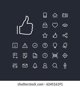 Hand thumb up icon in set on the black background. Universal linear icons to use in web and mobile app.