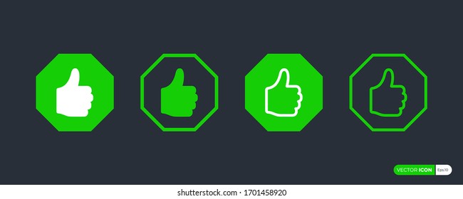 Hand Thumb Up Icons Set with Green Hexagonal Shapes. Like Symbol. Flat Vector Icon Design Template Elements.