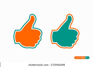 Hand Thumb Up Icons Set. Like Symbol. Orange and Green Fill Color and Outline Style isolated on White Background. Flat Vector Icon Design Template Elements.