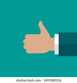 Hand with thumb up isolated on turquoise background. good, cool, like symbol. Goal achievement. Vector searching illustration.