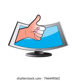 hand thumb up leads out television screen in color-vector drawing