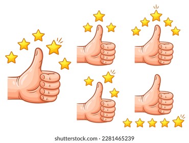 Hand thumb up like client review rating, three or five star customer feedback, best recommend, high quality product positive ranking icon set. Good choice. Nice opinion. Internet vote, comment. Vector