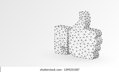 Hand Thumb Up like gesture. Business communication, approving, agreement concept. Abstract, digital, wireframe, low poly mesh, vector white origami 3d illustration. Triangle, line, dot, star