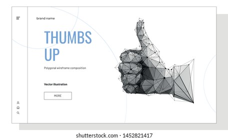 Hand, Thumb up or like. Low polygon wireframe style. Concept web page for vote Like or smm or ceo. Abstract isolated on white background. Particles are connected in a geometric silhouette.