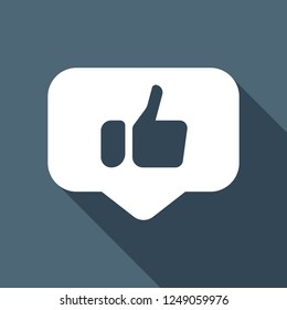 Hand with thumb up in notification cloud, like, social icon. White flat icon with long shadow on blue background