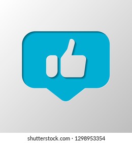 Hand with thumb up in notification cloud, like, social icon. Paper design. Cutted symbol with shadow