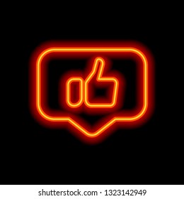 Hand with thumb up in notification cloud, like, social icon. Orange neon style on black background. Light icon