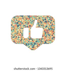Hand with thumb up in notification cloud, like, social icon. Colored mosaic with polygons