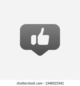 Hand with thumb up in notification cloud, like, social icon. On grid background
