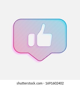 Hand with thumb up in notification cloud, like, social icon. Colored logo with diagonal lines and blue-red gradient. Neon graphic, light effect