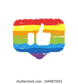 Hand with thumb up in notification cloud, like, social icon. Drawing sign with LGBT style, seven colors of rainbow (red, orange, yellow, green, blue, indigo, violet