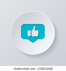 Hand with thumb up in notification cloud, like, social icon. Cut circle with gray and blue layers. Paper style