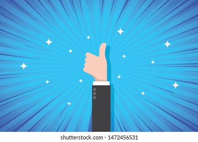 Hand with thumb up on comic style background. Good feedback from business people. Positive rating. communication concept vector illustration