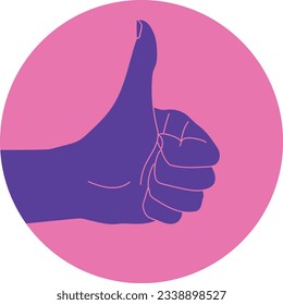 Hand with thumb up outline in a pink circle. Approve and like symbol. Vector illustration