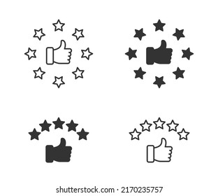 Hand with thumb up and stars rating icon. Customer review rating with stars and thumb-up. Vector illustration.