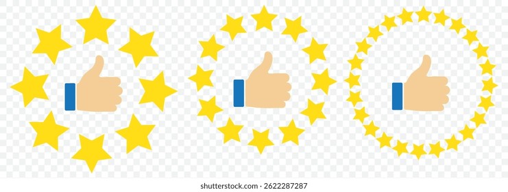 hand with thumb up and stars rating iconCustomer product rating with five stars icon. Like, thumb up. Success, favorite, feedback, experience, quality, customer satisfaction on Transparent Background.