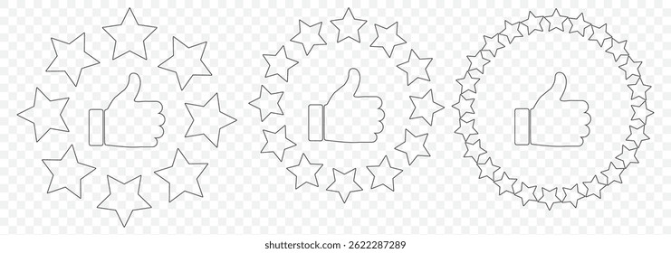 hand with thumb up and stars rating iconCustomer product rating with five stars icon. Like, thumb up. Success, favorite, feedback, experience, quality, customer satisfaction on Transparent Background.