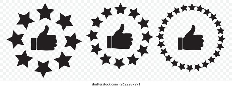 hand with thumb up and stars rating iconCustomer product rating with five stars icon. Like, thumb up. Success, favorite, feedback, experience, quality, customer satisfaction on Transparent Background.