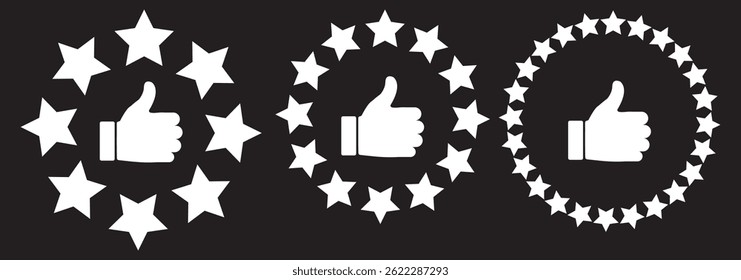 hand with thumb up and stars rating iconCustomer product rating with five stars icon. Like, thumb up. Success, favorite, feedback, experience, quality, customer satisfaction on Black Background.